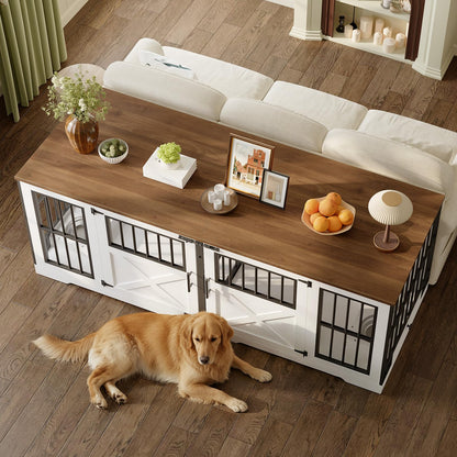 HOOBRO 71.9-inch Farmhouse Style Double Dog Cage Furniture with Removable Divider
