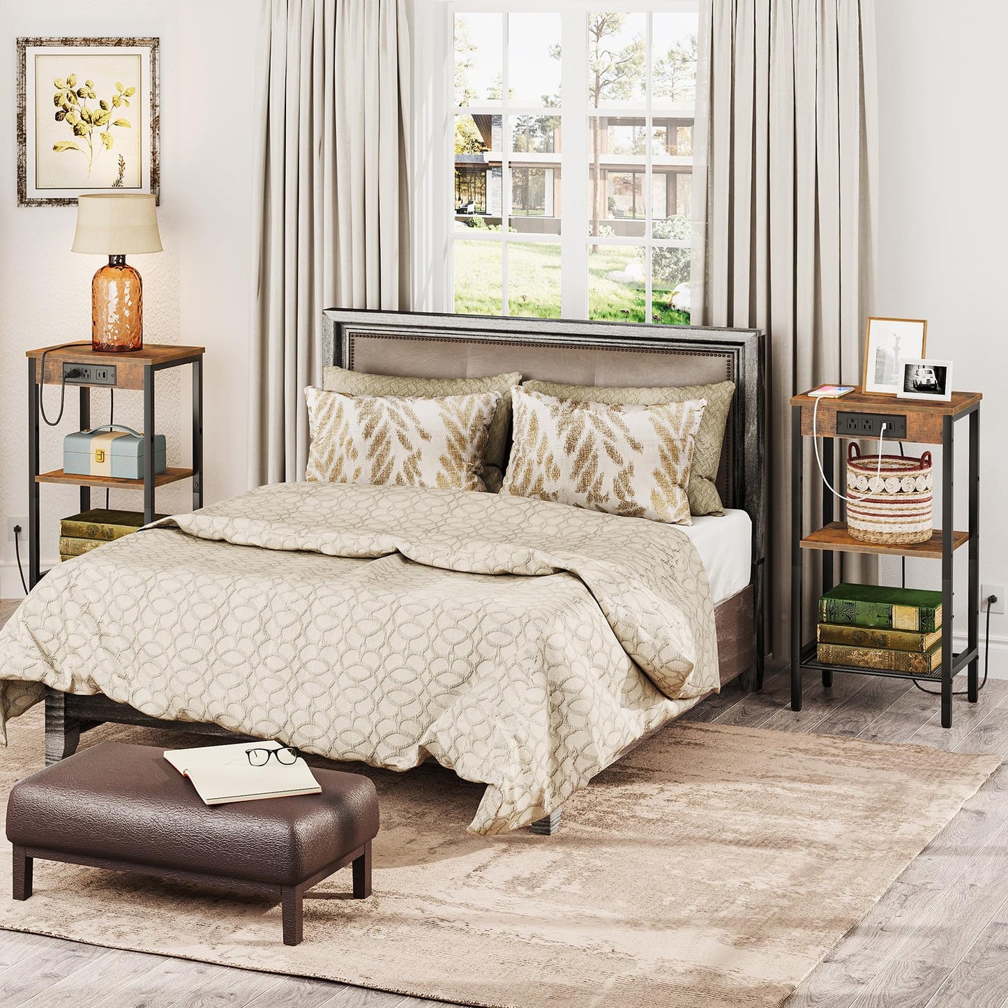 HOOBRO Tall 3-Tier Narrow Side Table with Charging Station