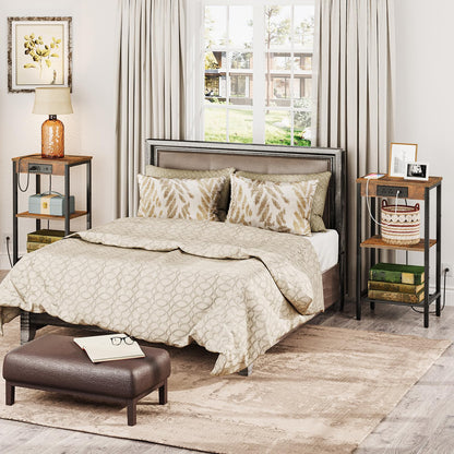 HOOBRO Tall 3-Tier Narrow Side Table with Charging Station