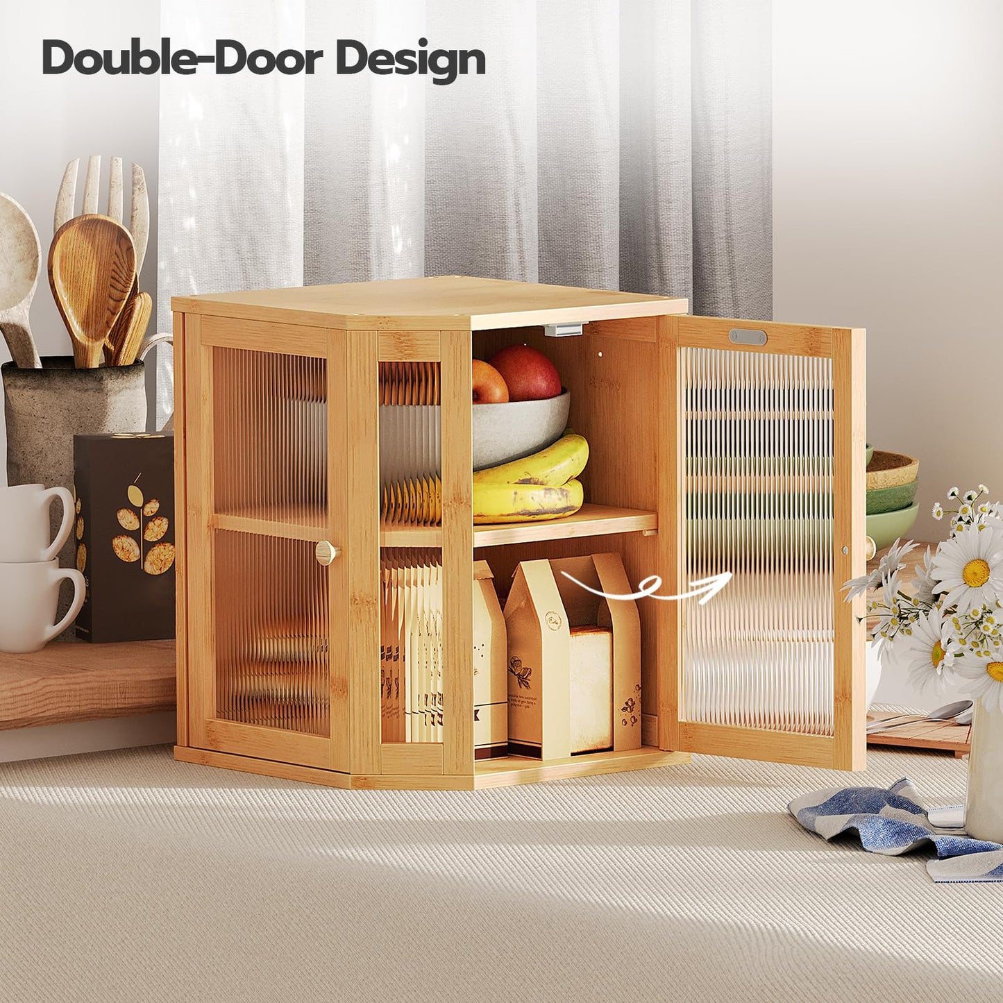HOOBRO Large Capacity Bamboo Kitchen Countertop Corner Bread Box with Double-Layer Corrugated Acrylic Door