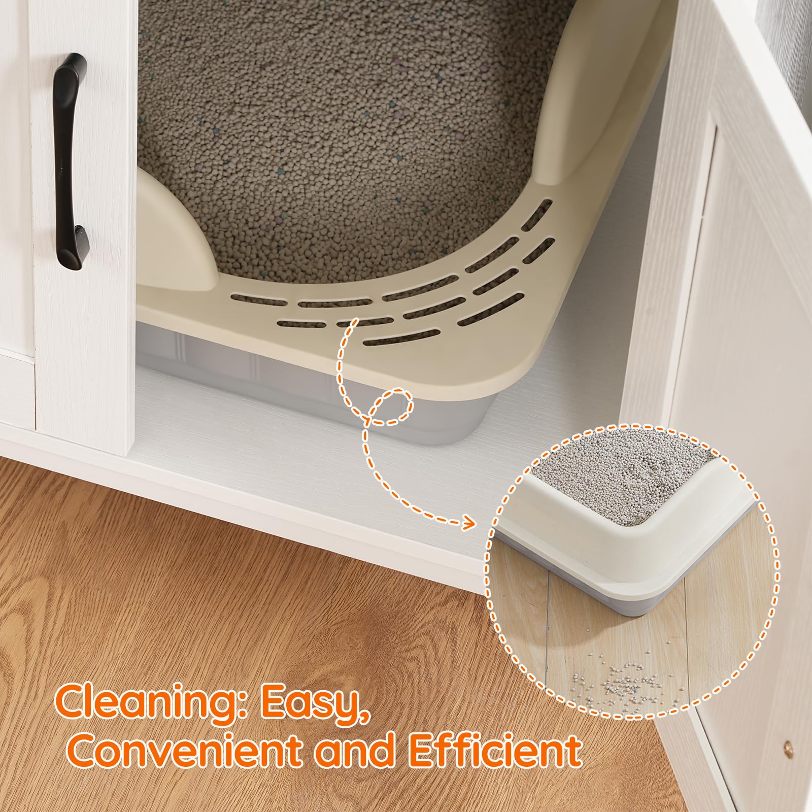 Cat litter box with a scoop inside, placed on a wooden floor.