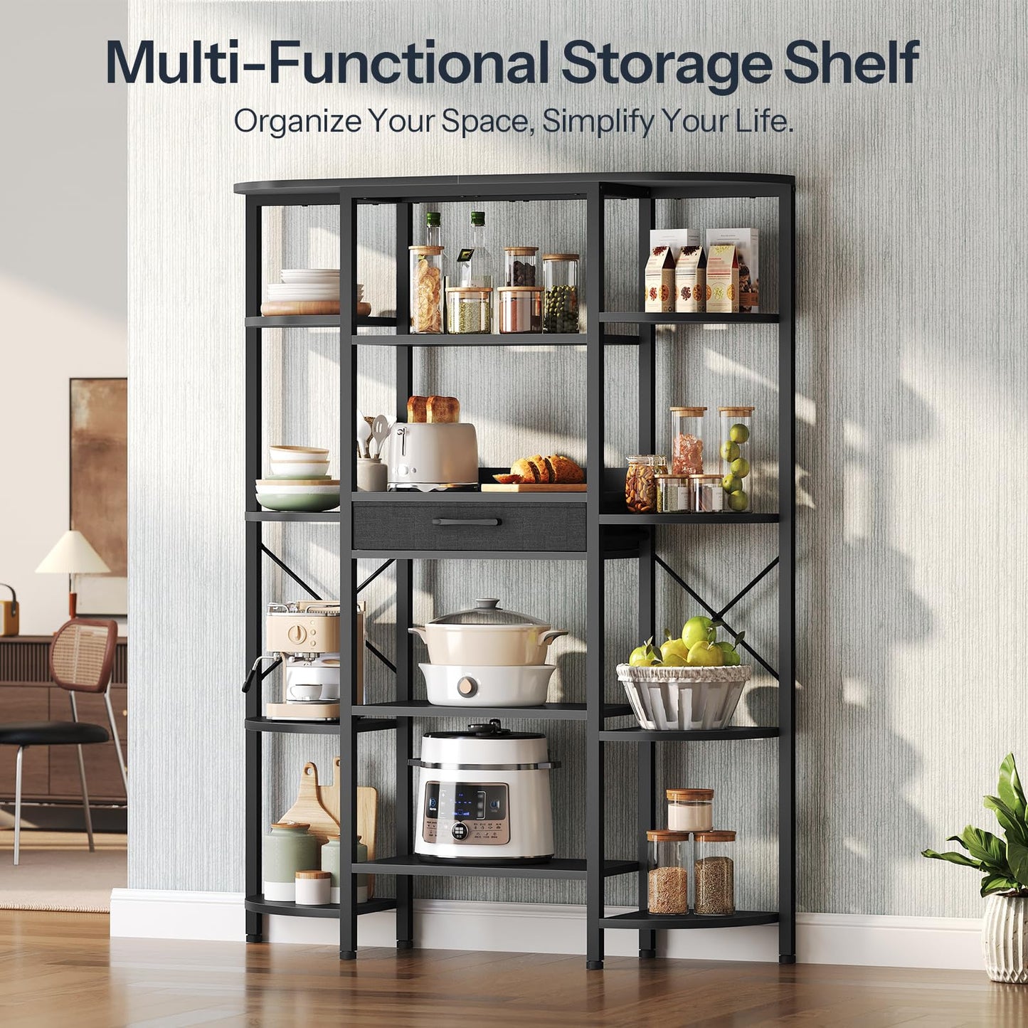 HOOBRO Industrial 5-Tier Bookshelf with 12 Open Shelves & Fabric Drawer