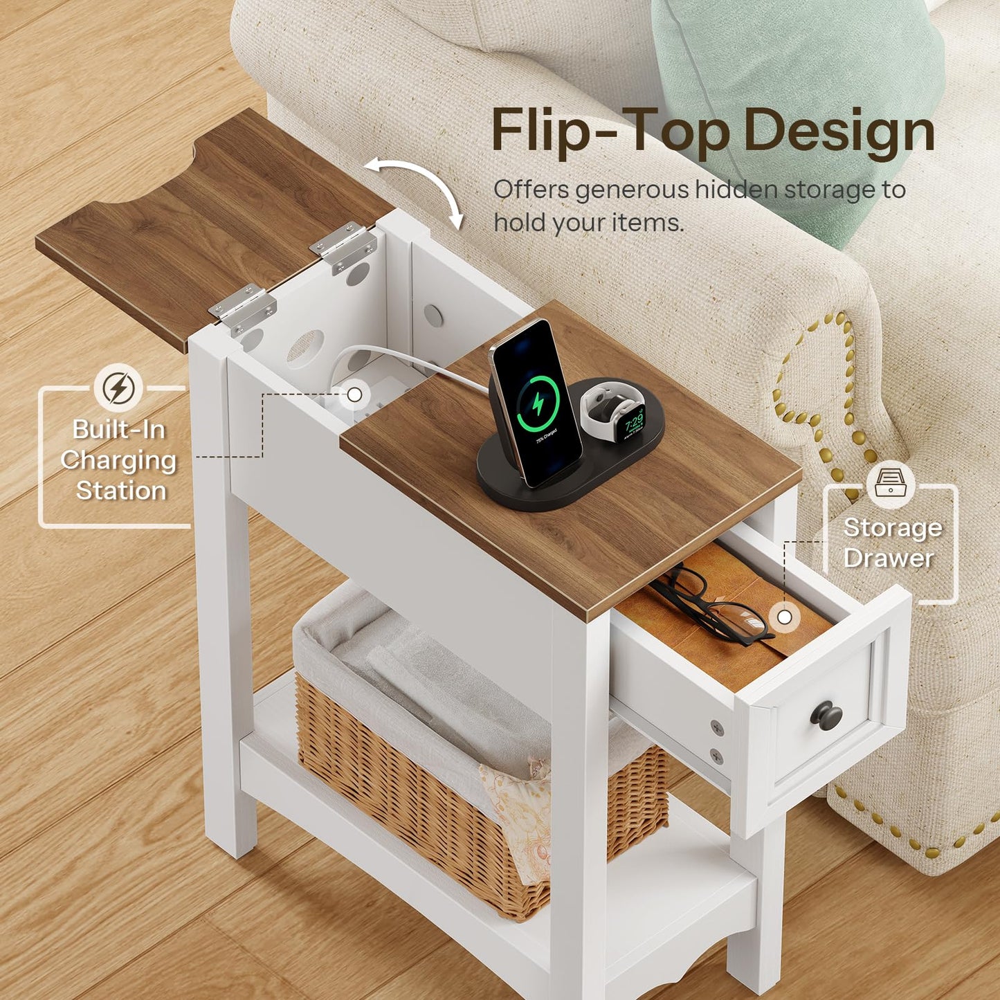 HOOBRO Farmhouse Narrow End Table with Storage Drawer, for Living Room
