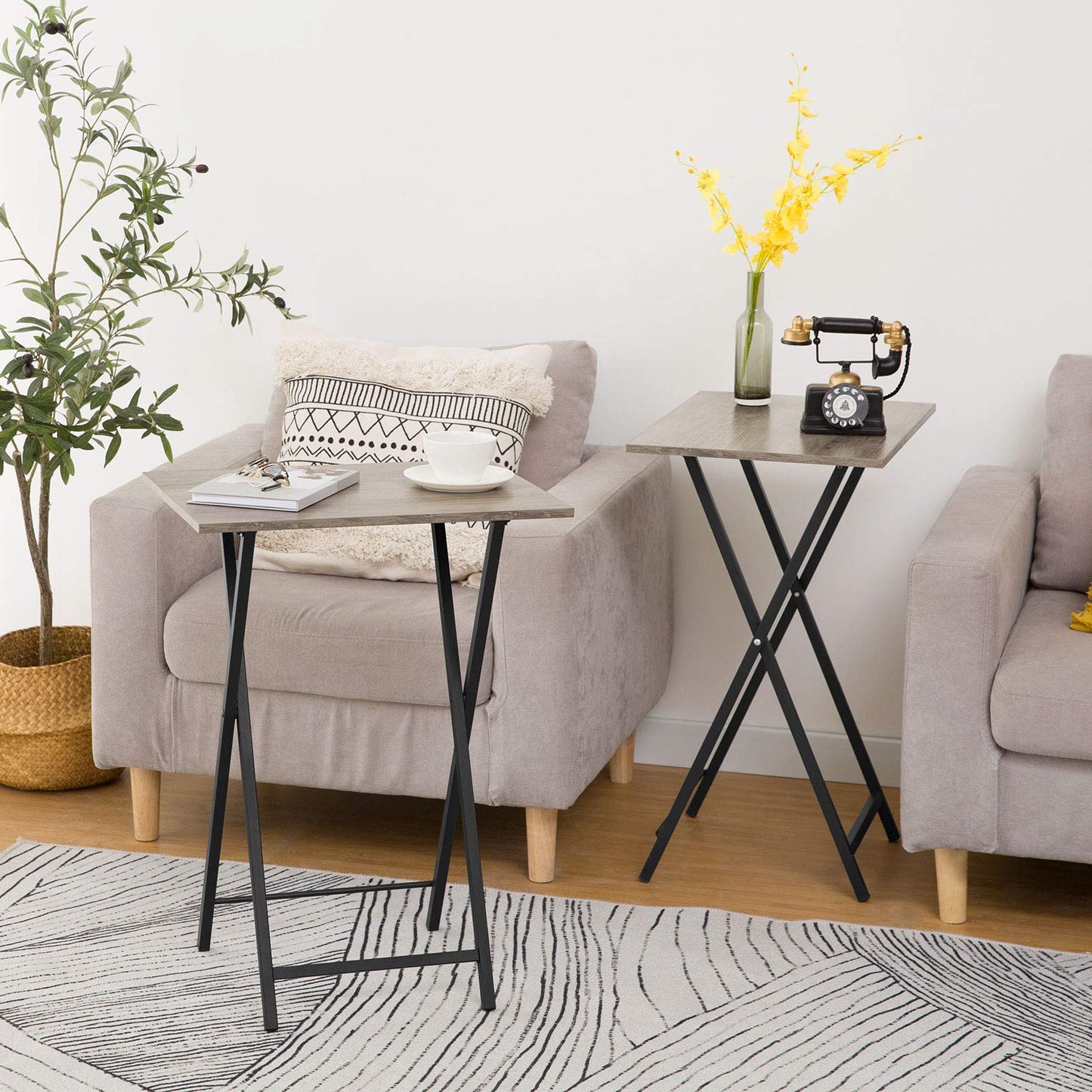 HOOBRO Industrial Style Folding TV Tray Table 4-Piece Set with Storage Rack