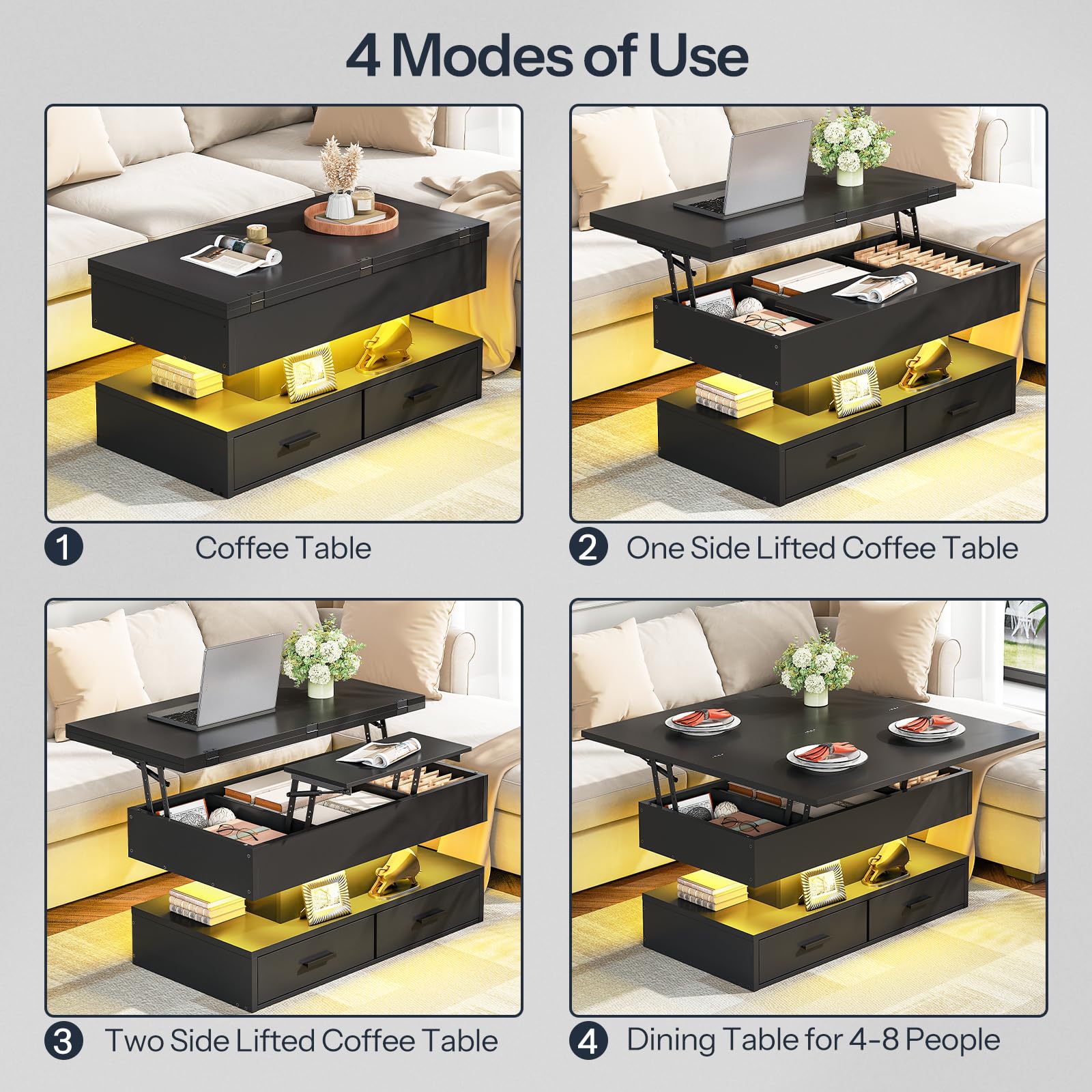 Black coffee table with lift-top feature shown in four different modes of use in a living room setting.