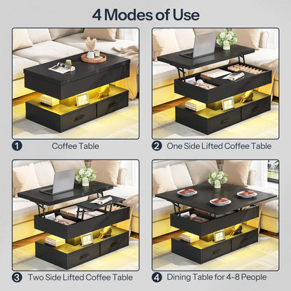 Black coffee table with lift-top feature shown in four different modes of use in a living room setting.