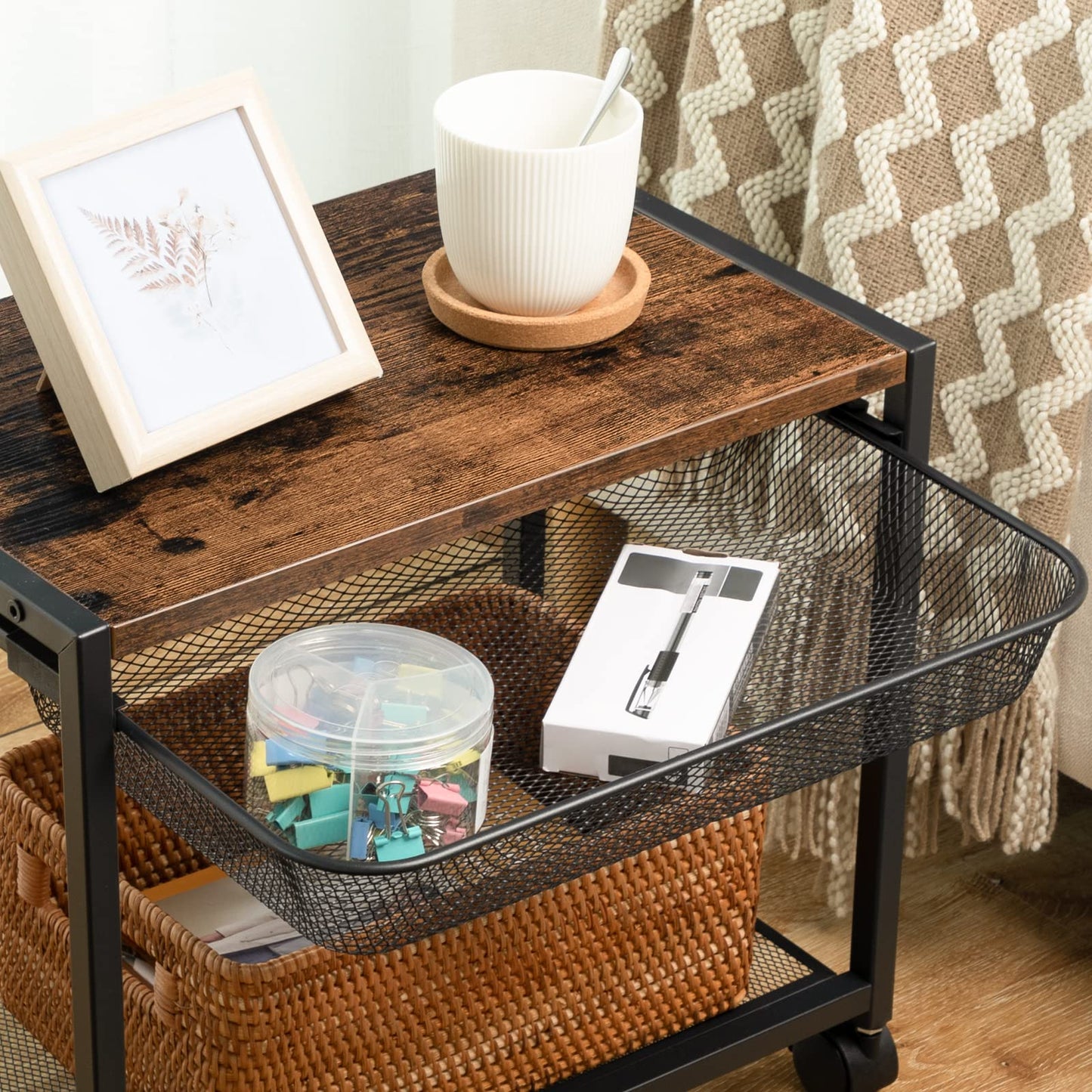 HOOBRO Retro Brown Double-Layer Movable Printer Stand Trolley with Wheels & Storage Shelf