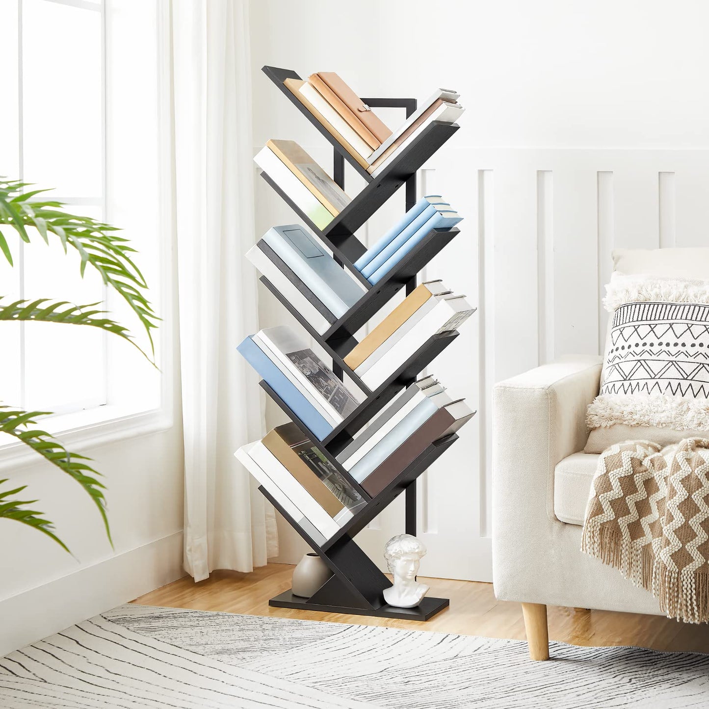 HOOBRO Black 9-Tier Floor-Standing Tree-Shaped Wooden Bookshelf
