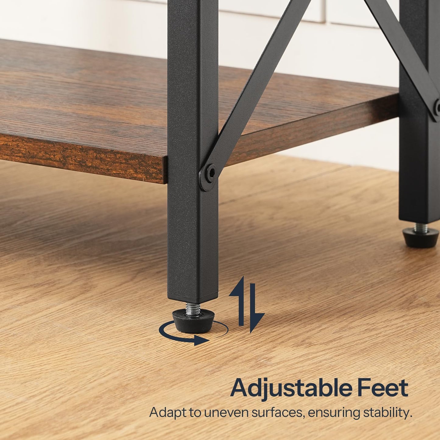 Wooden shelf with adjustable feet on a wooden floor, emphasizing stability.