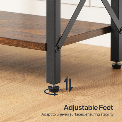 Wooden shelf with adjustable feet on a wooden floor, emphasizing stability.