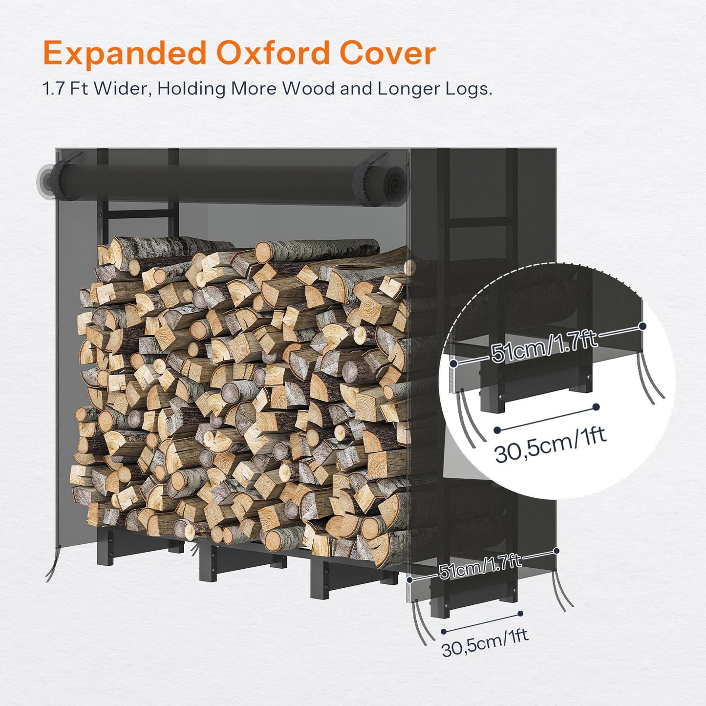 Firewood holder with expanded Oxford cover holding firewood, showing dimensions on a white background.