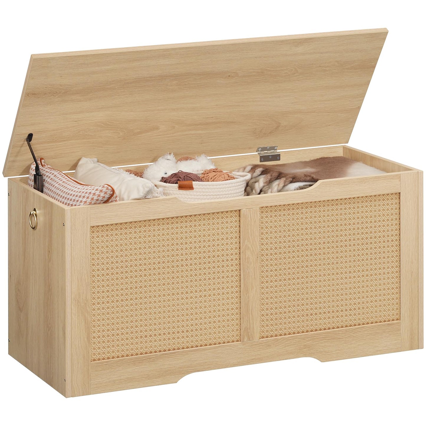 HOOBRO Natural 39.3-inch Wicker Style Storage Bench with Safety Hinges & U-Shaped Opening