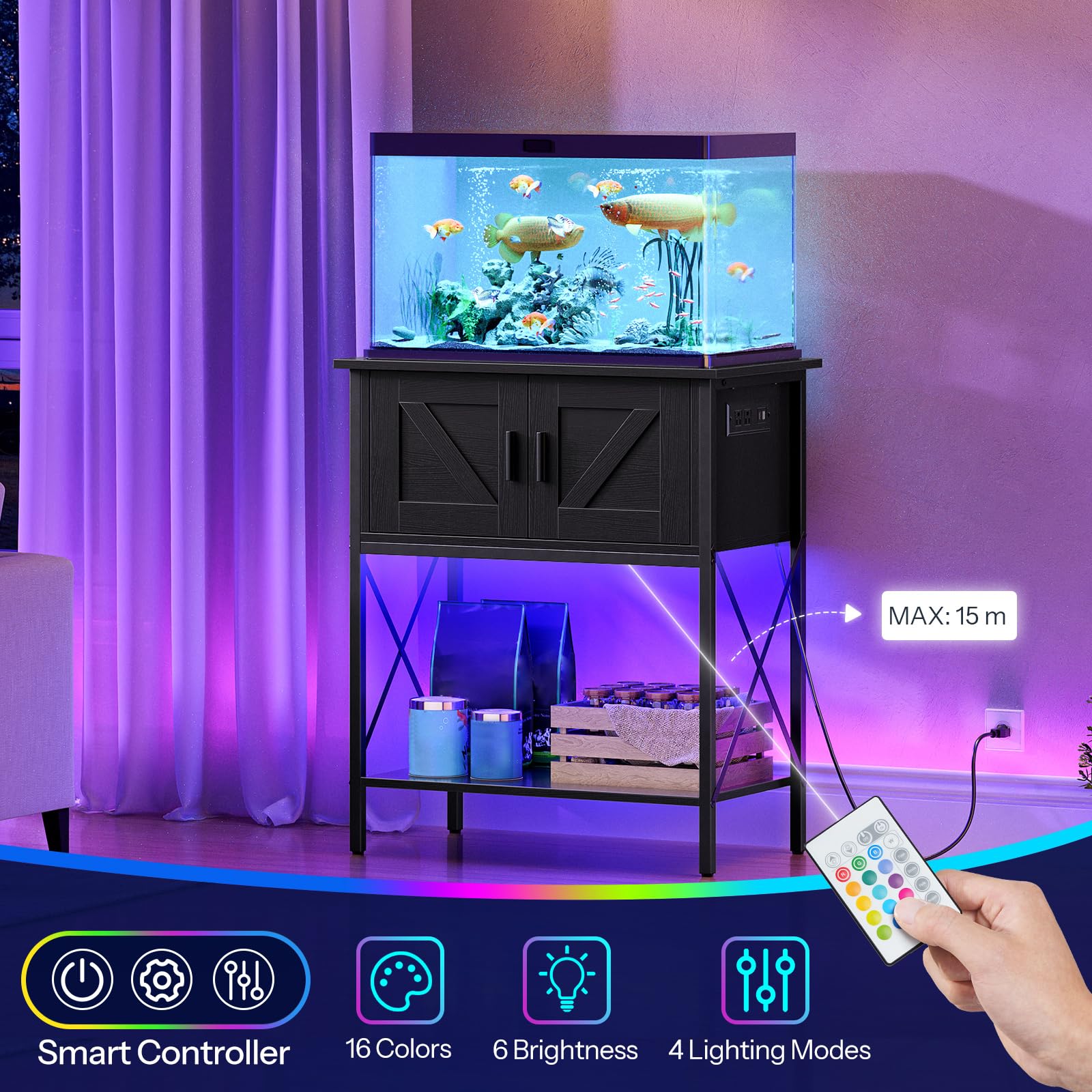 Fish tank with black stand and remote control in a room with purple lighting