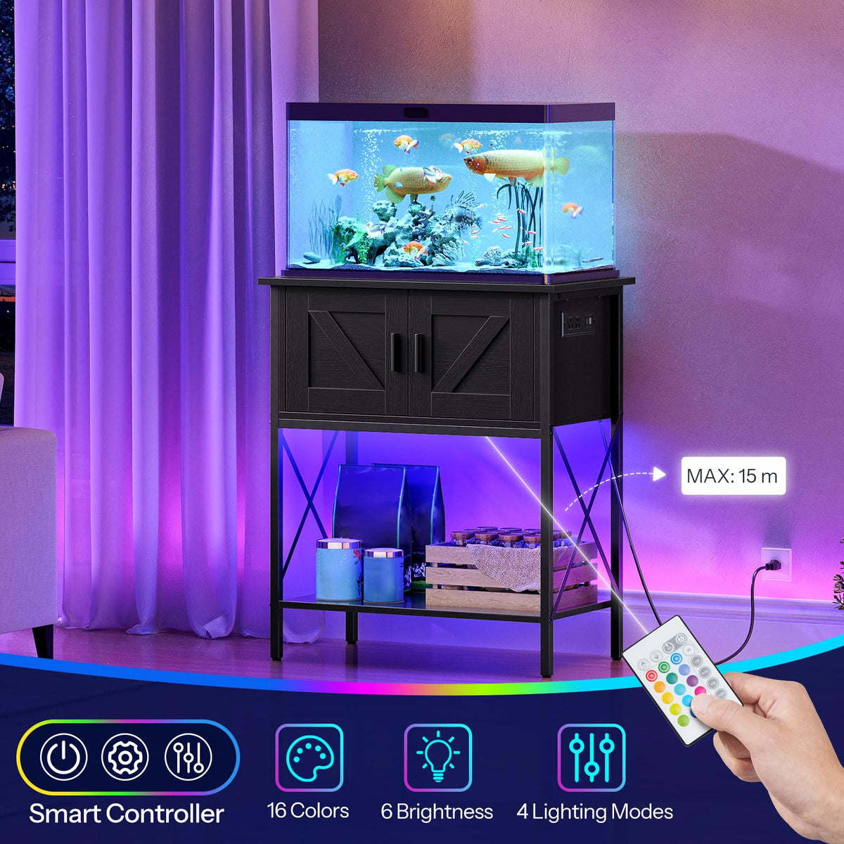 Fish tank with black stand and remote control in a room with purple lighting
