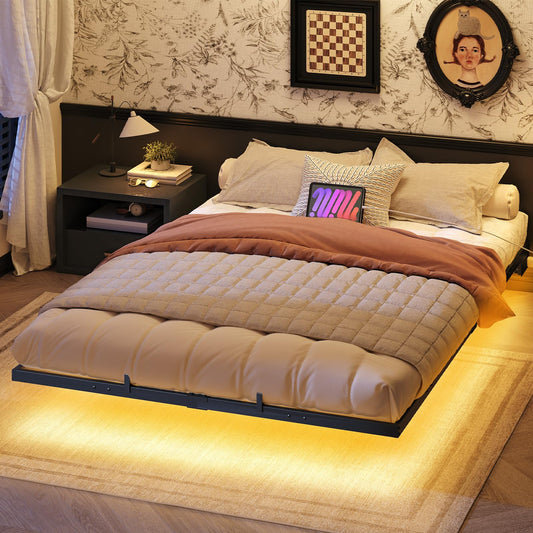 HOOBRO Floating Queen Size Bed Frame with Charging Station & LED Lights