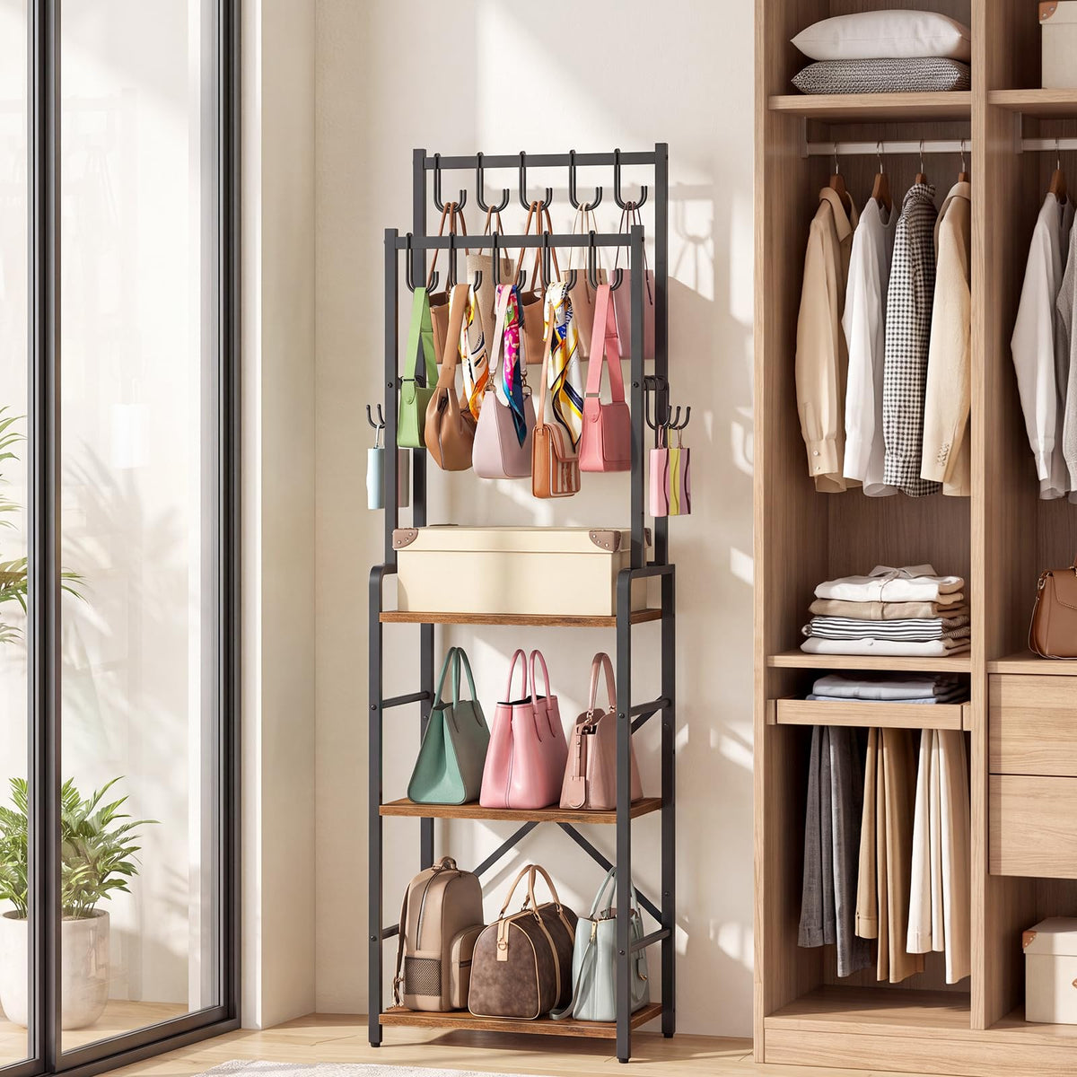 HOOBRO Tall Purse Organizer for Closet, 3-Tier Handbag Rack with 10 J-Hooks