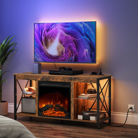 HOOBRO Vintage Brown Glass Shelf Fireplace TV Stand with Charging Station & LED Lights
