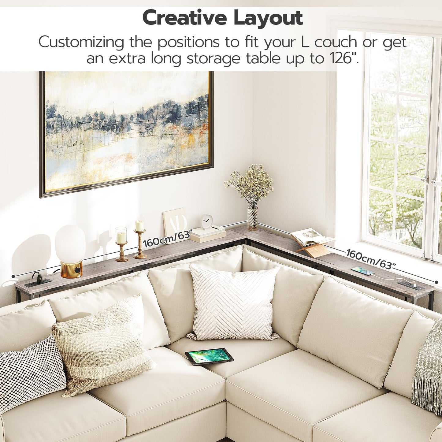 HOOBRO 63-inch Narrow Console Table with Charging Station