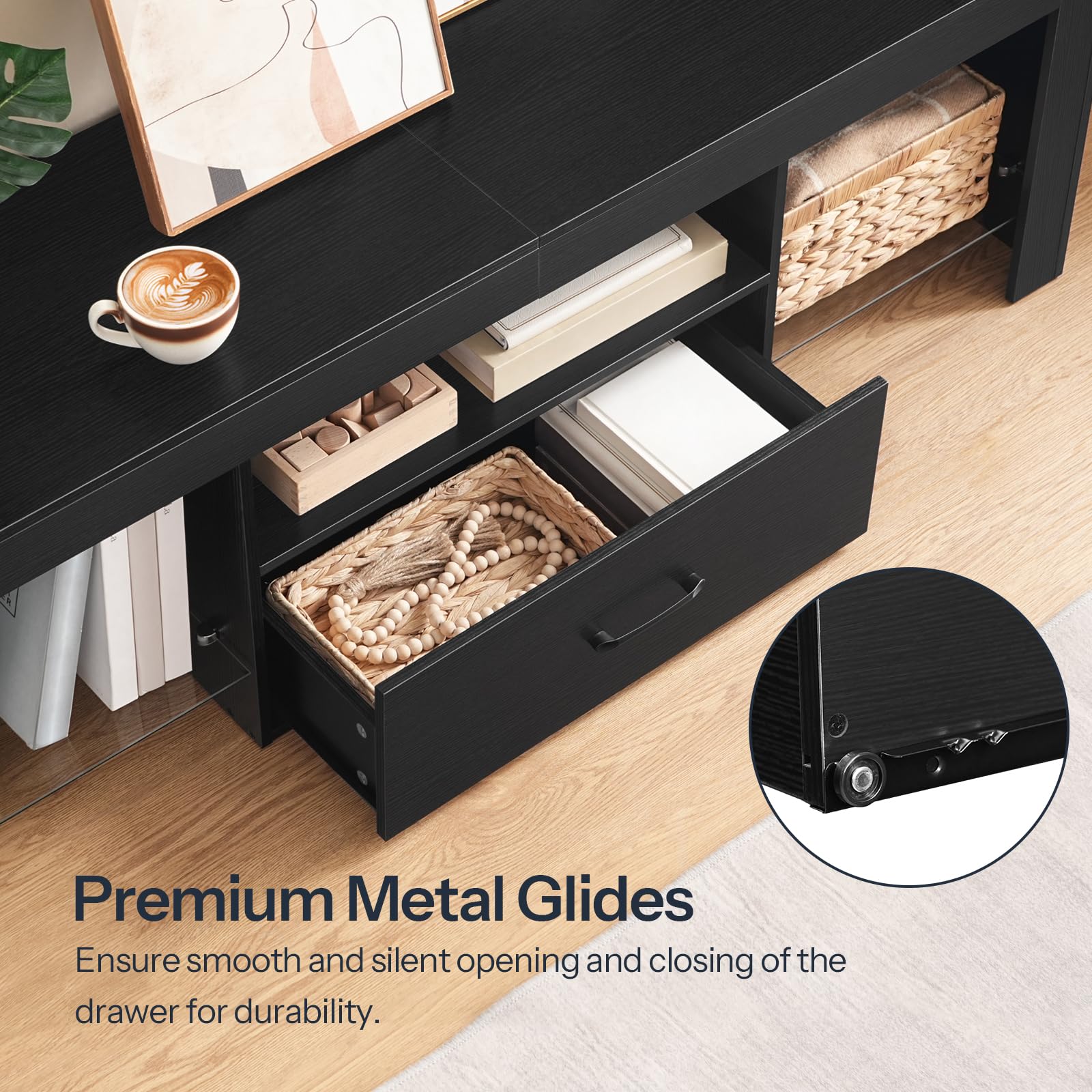 Black storage console table with open drawer, showing premium metal glides feature.