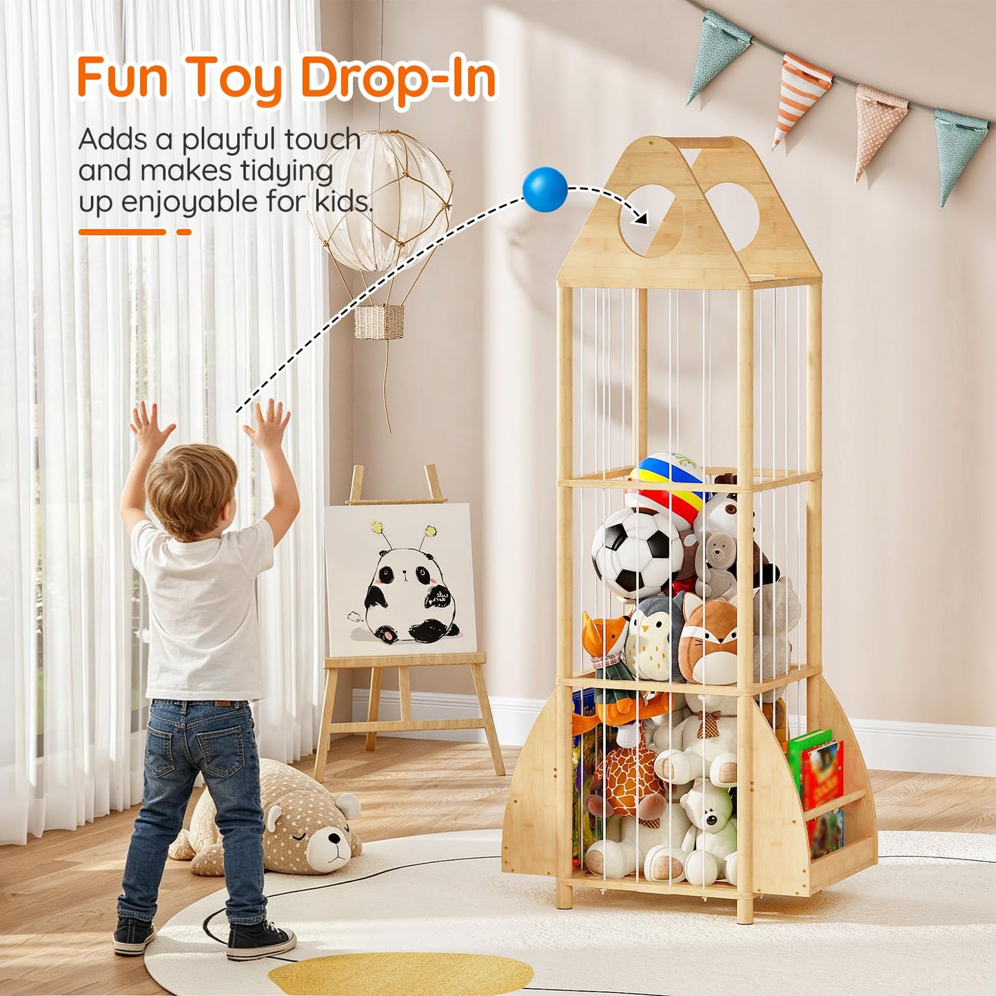 HOOBRO Stuffed Animal Storage, Bamboo Stuffed Animal Organizer with Elastic Cords and Side Bookshelf, Stuffed Animal Holder for Kids' Room, Playroom, Bedroom, Living Room, Nursery, Natural YL67CW01