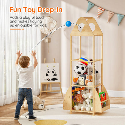 HOOBRO Stuffed Animal Storage, Bamboo Stuffed Animal Organizer with Elastic Cords and Side Bookshelf, Stuffed Animal Holder for Kids' Room, Playroom, Bedroom, Living Room, Nursery, Natural YL67CW01
