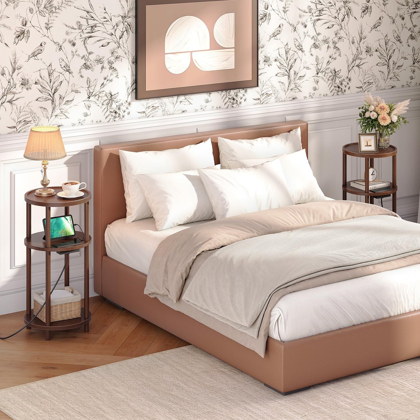 HOOBRO Mocha Three-Tier Small Round Side Table with USB Charging Port