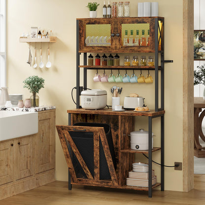 HOOBRO 6-Tier Microwave Baking Rack with Trash Can Cabinet & LED Strip & Outlet