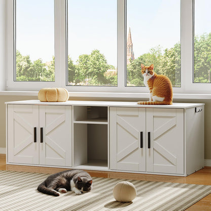 HOOBRO White Wooden Concealed Double-Layer Litter Box Cabinet with Aisle & Storage Shelves & Hooks