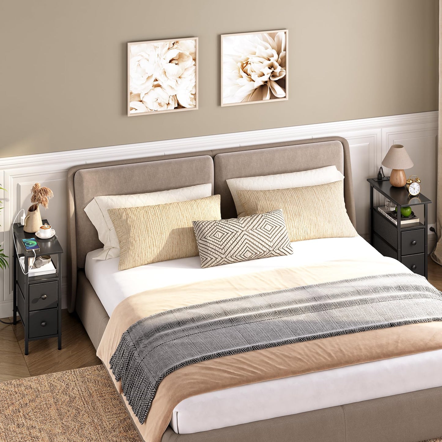 Neatly made bed with decorative pillows and a striped blanket in a bedroom setting.