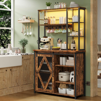 Wooden kitchen cabinet with shelves and a window above, filled with kitchen items.
