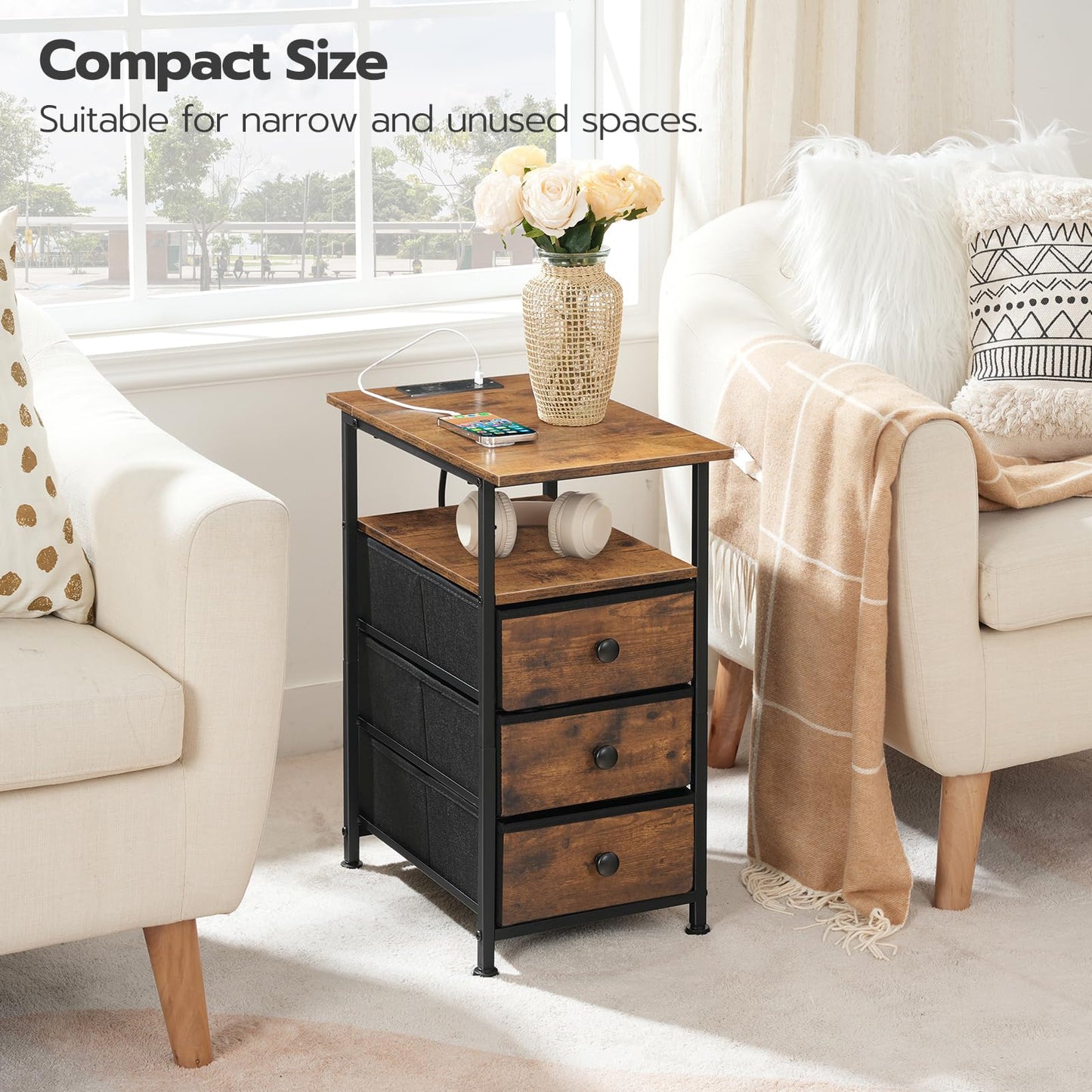 HOOBRO End Table, Narrow Side Table with Charging Station, Nightstand with 3 Non-Woven Fabric Drawers, Bedside Table for Small Spaces, for Living Room, Bedroom, Rustic Brown and Black BF483UBZ01