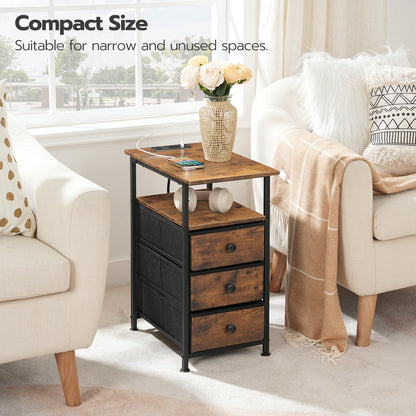 HOOBRO End Table, Narrow Side Table with Charging Station, Nightstand with 3 Non-Woven Fabric Drawers, Bedside Table for Small Spaces, for Living Room, Bedroom, Rustic Brown and Black BF483UBZ01
