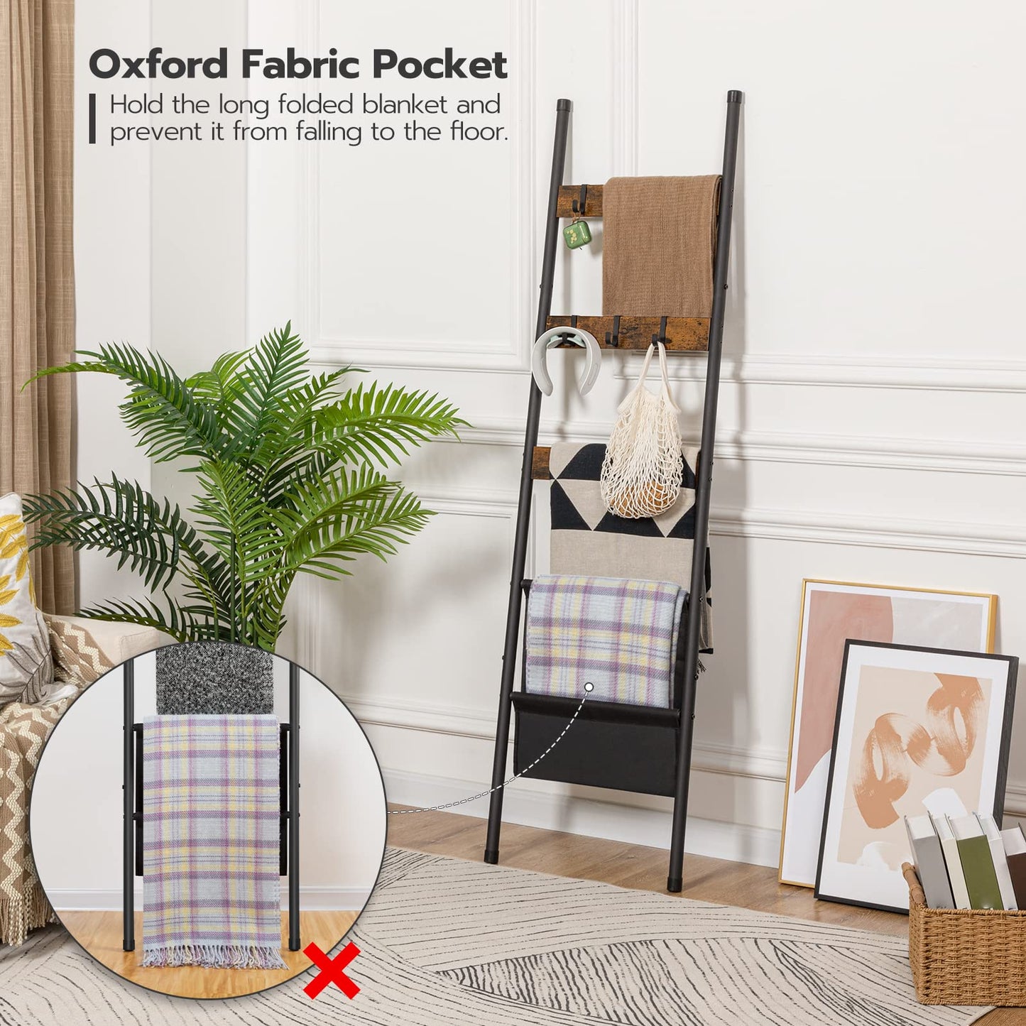 HOOBRO Vintage Brown 5-Tier Wall-Mounted Towel Rack with 4 Hooks & Magazine Bag