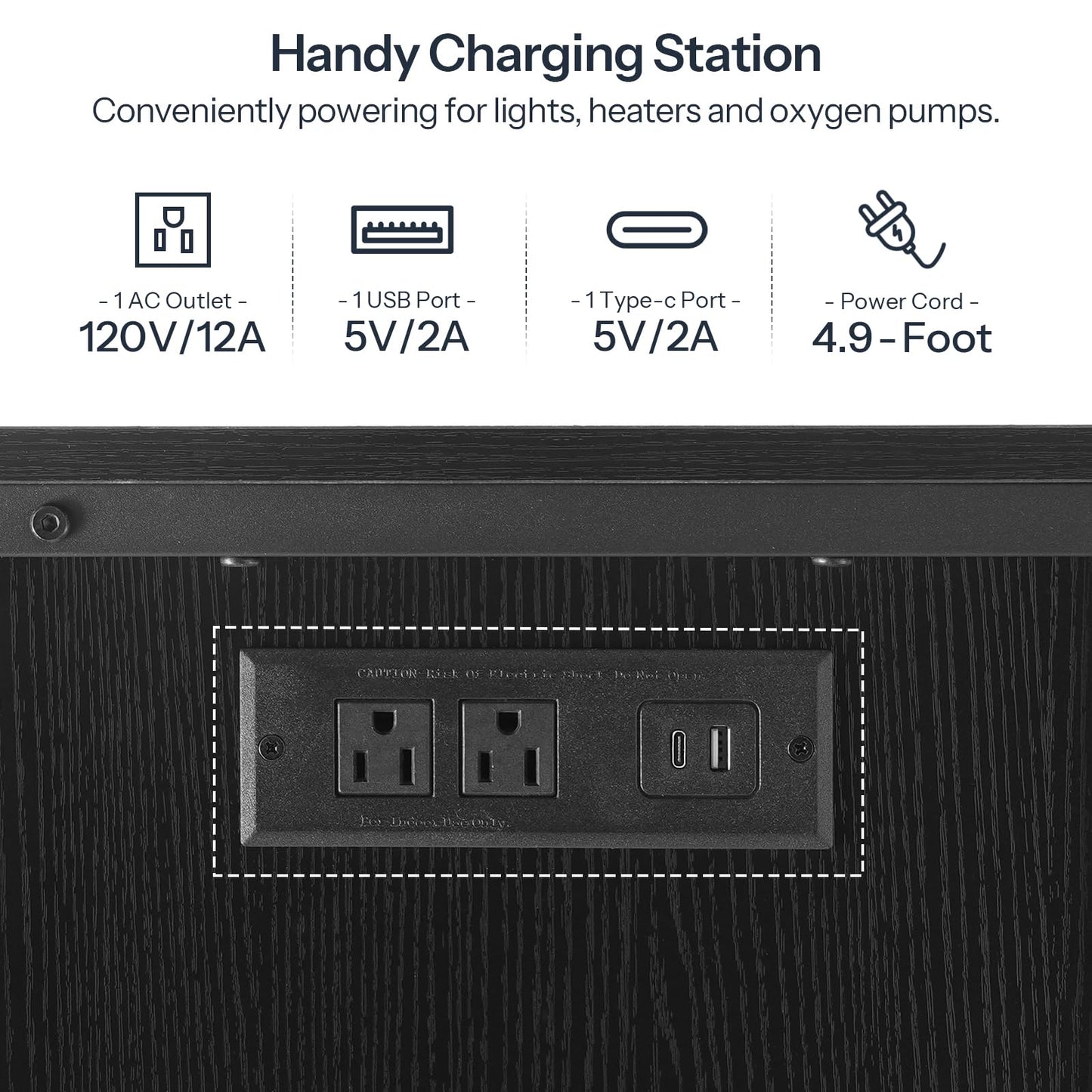 HOOBRO Black 20-Gallon Metal Frame Aquarium Rack with Power Outlet & LED Light Strip & Cabinet Storage