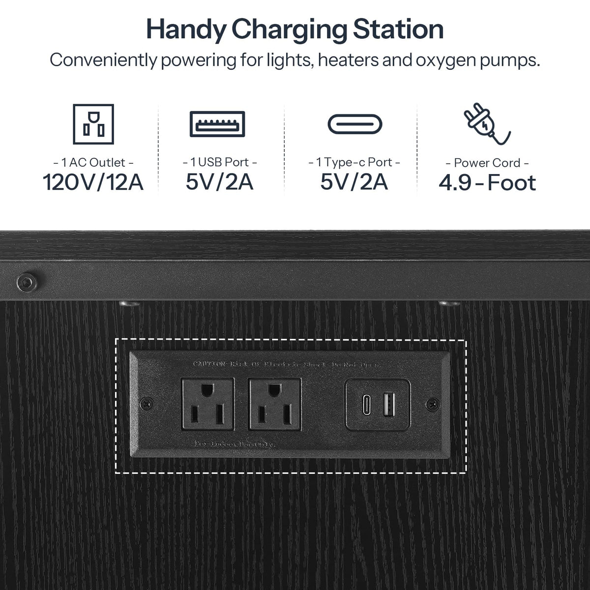 Handy charging station with power outlets and ports on a black background