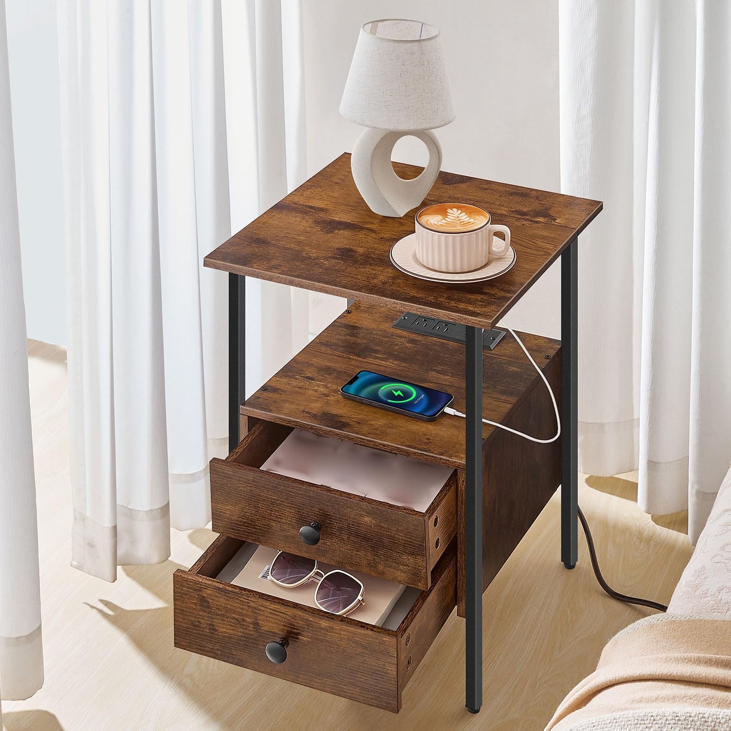 HOOBRO 2-Drawer Nightstands & End Tables with Charging Station / 2PICS