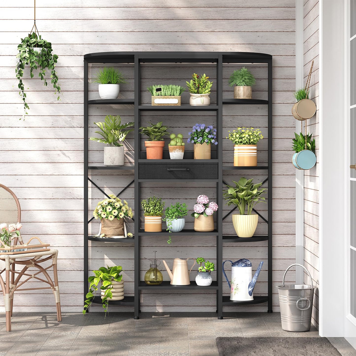 HOOBRO Industrial 5-Tier Bookshelf with 12 Open Shelves & Fabric Drawer