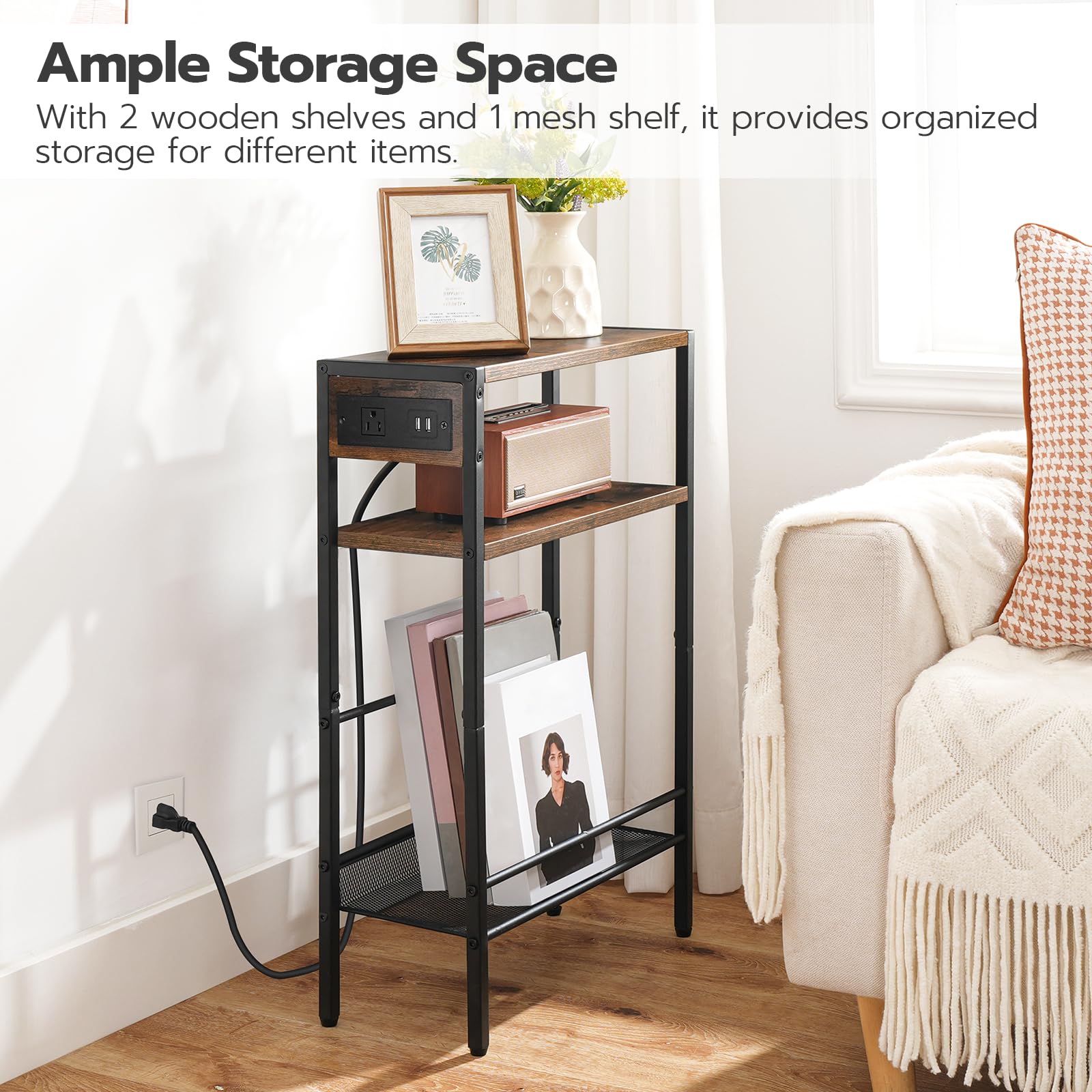 Small storage shelf with wooden shelves and a mesh shelf in a living room setting.