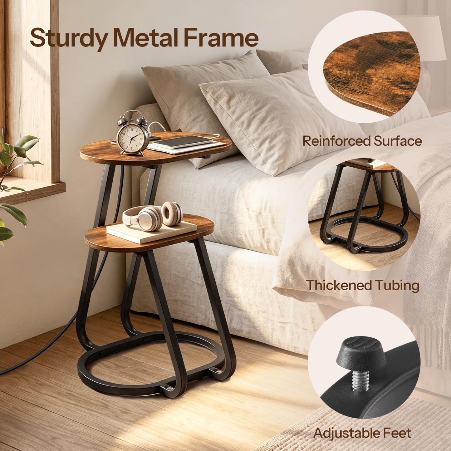 HOOBRO Narrow End Table, with Charging Station, Nightstand for Home
