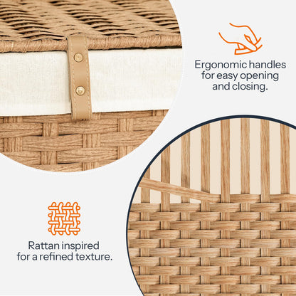 HOOBRO Storage Basket with Lid, 52.8 Gallon (200L) Wicker Basket, Handwoven Blanket Storage Basket with Handles, Metal Frame and Soft Lining, Foldable for Bedroom, Laundry Room, Natural NL220CW01
