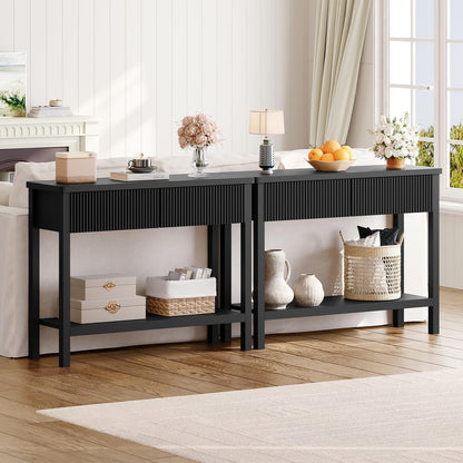 HOOBRO 39.4-inch Black Double-Layer Roughside Table with 2 Drawers & Storage Shelf