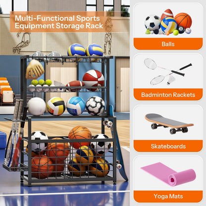 HOOBRO Sports Equipment Organizer & Ball Storage Rack with Hooks & Basket