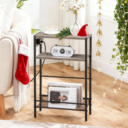 HOOBRO Small Narrow Side Table with Charging Station, Skinny End Table for Small Spaces, Slim Nightstand with USB Ports Outlet, Sofa Beside Table with Storage Shelf, Greige and Black BG102UBZ01