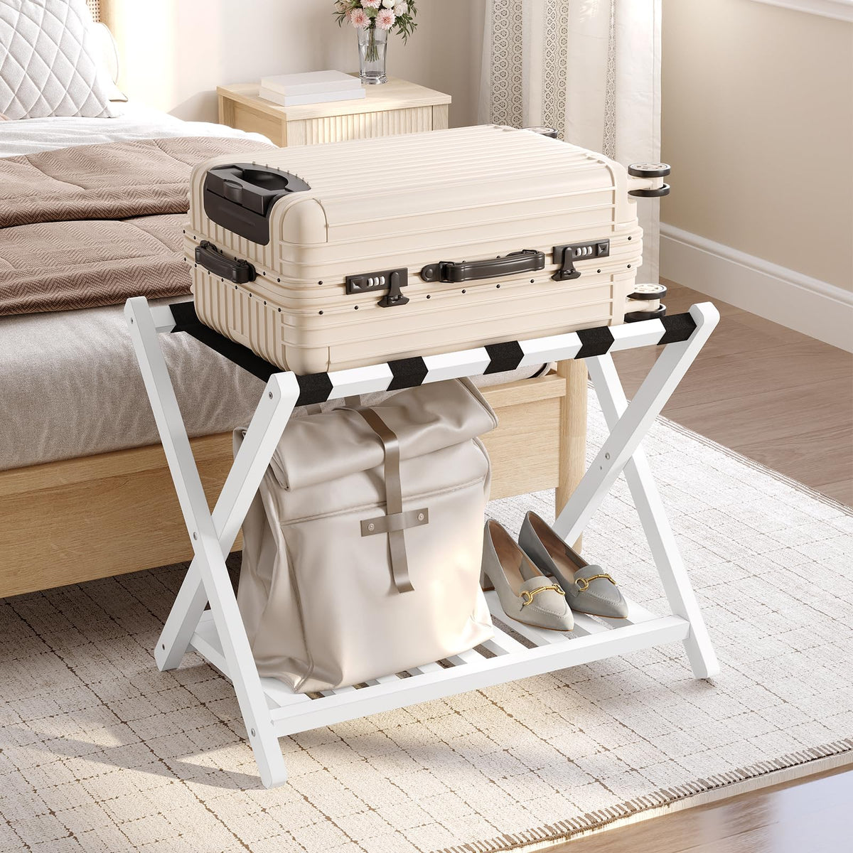 HOOBRO 2-Tier Solid Wood Folding Luggage Rack for Guest Room, Bedroom