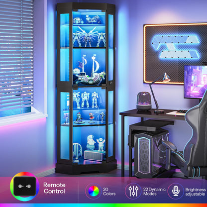 Gaming room setup with a illuminated display cabinet and gaming desk.