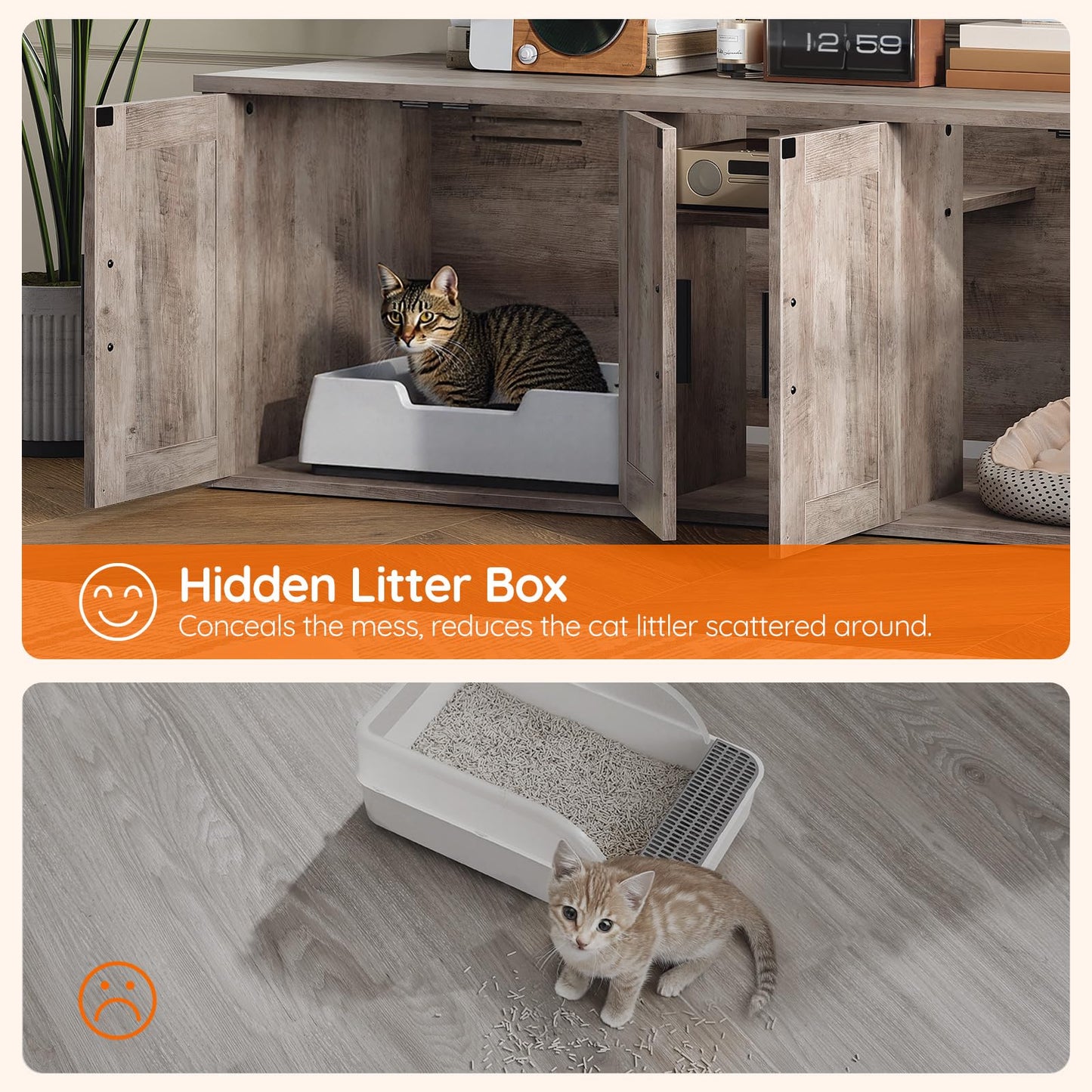 HOOBRO Greige Wooden Double Hidden Litter Box Enclosure with Corridor & Storage Layer & Hooks