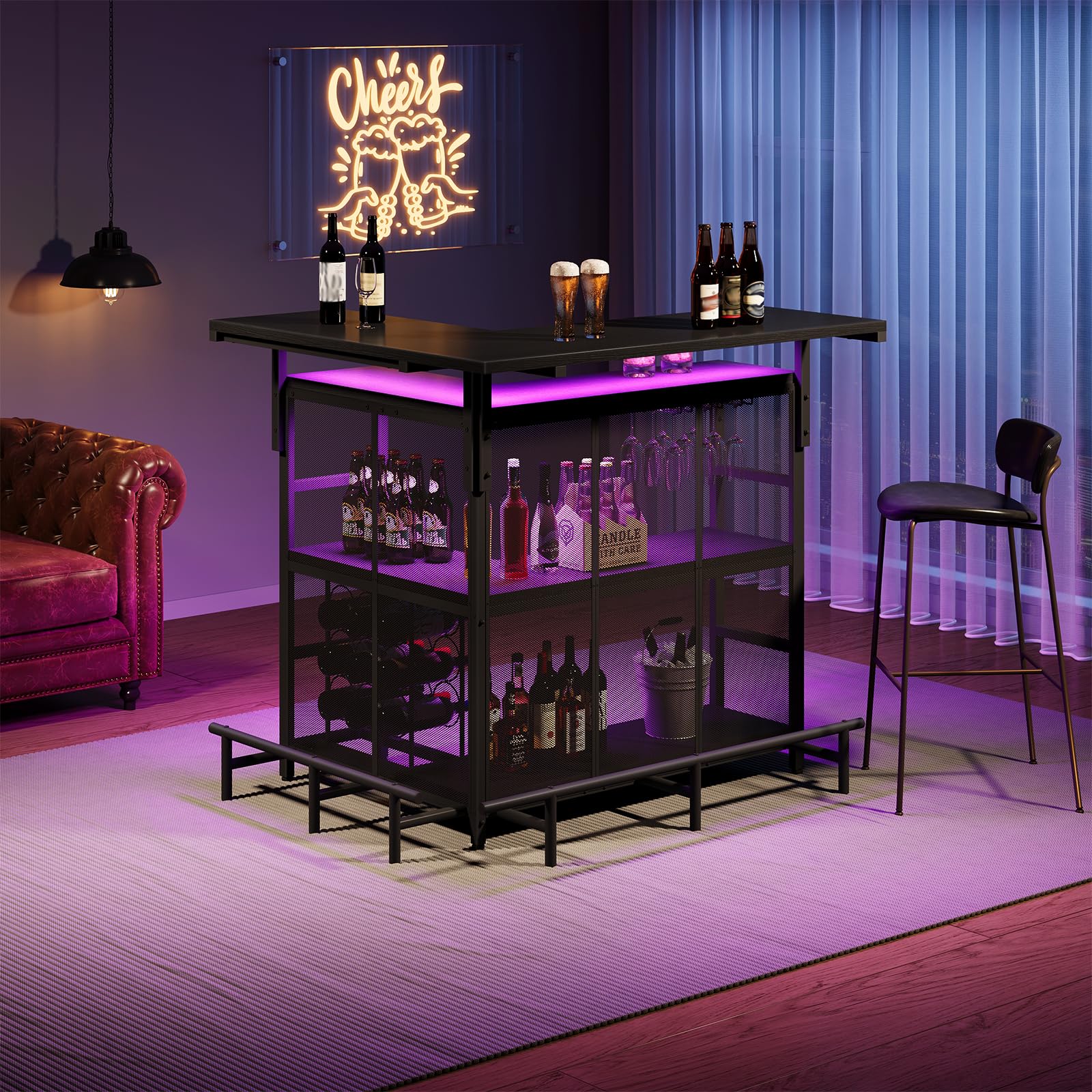 Bar setup with bottles and a neon 'Cheers' sign in a room with purple lighting.