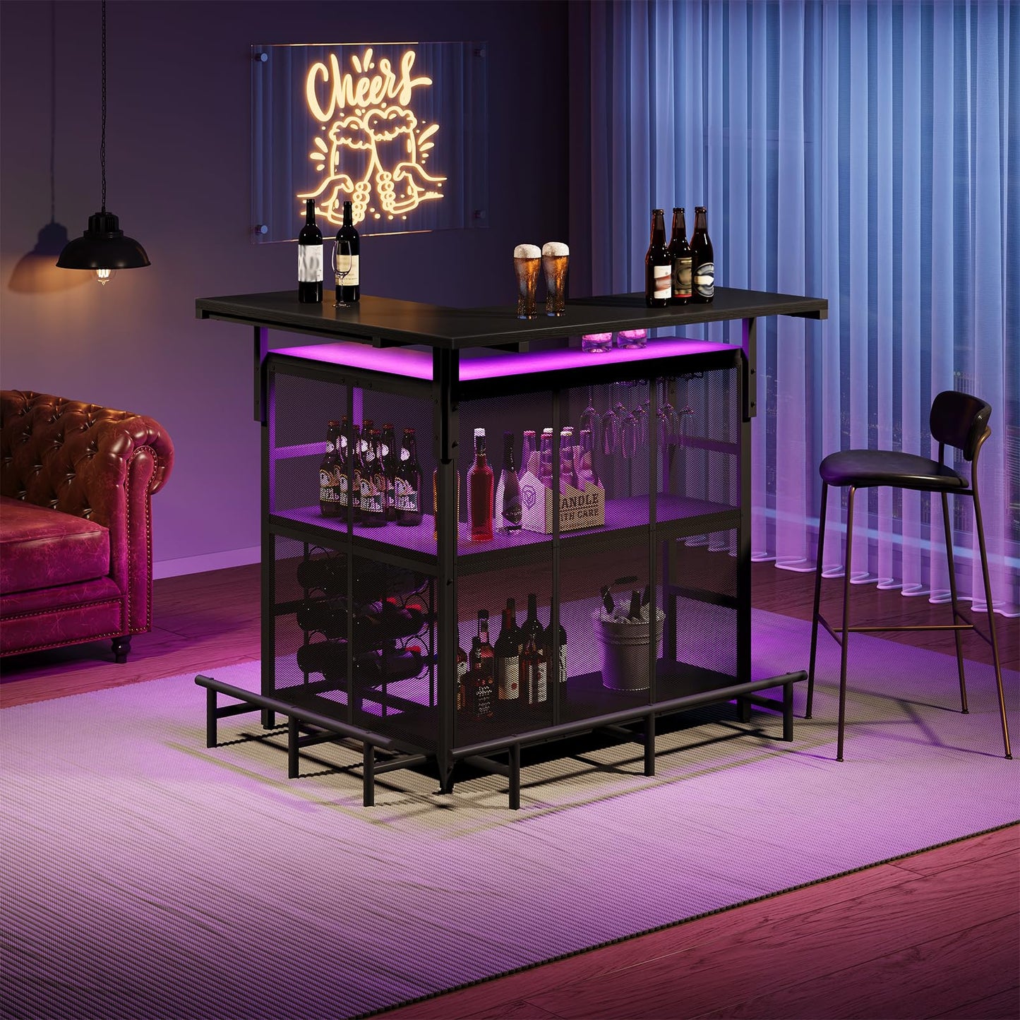 HOOBRO Black L-Shaped Corner Mini Home Bar Counter with App Control & Wine Glass Rack & 4-Tier Shelf & Footrest & LED Light