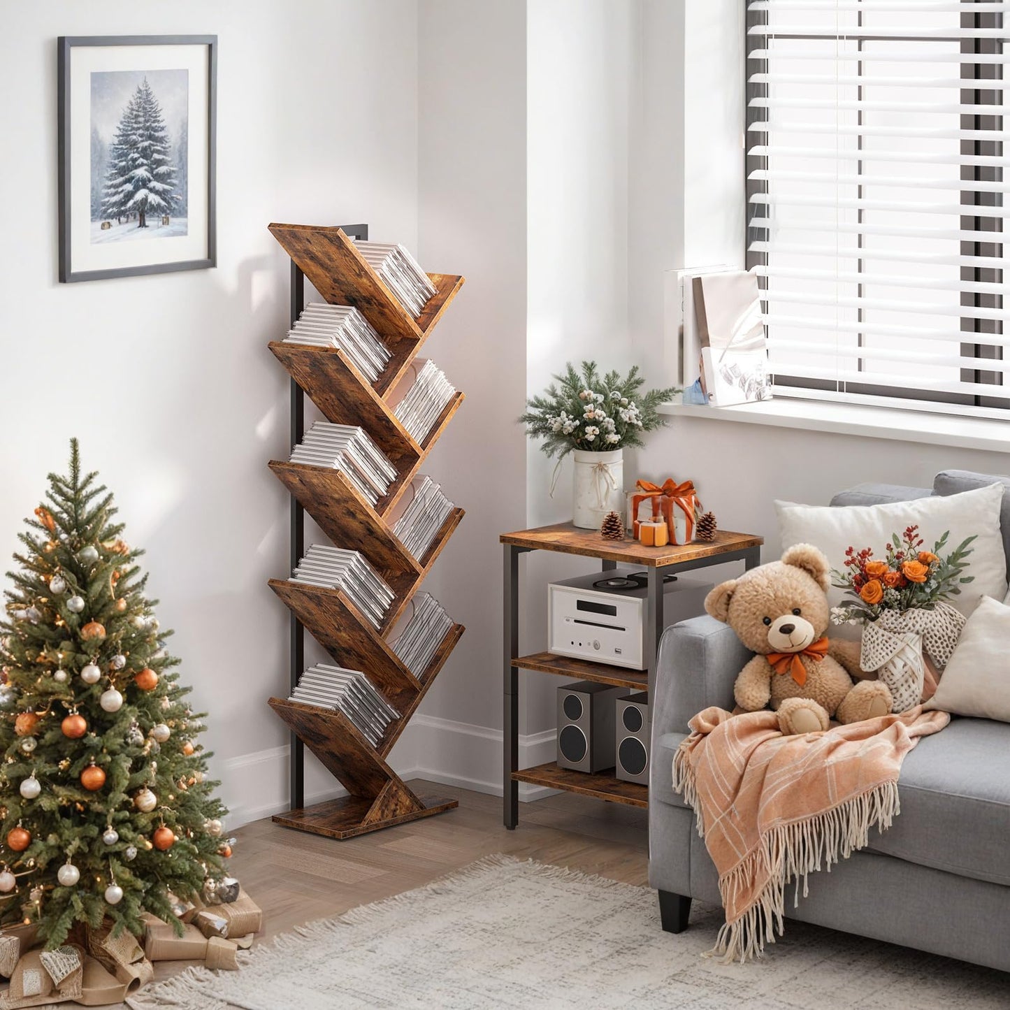 HOOBRO Vintage Brown 9-Tier Floor-Standing Wooden Tree-Shaped Bookshelf
