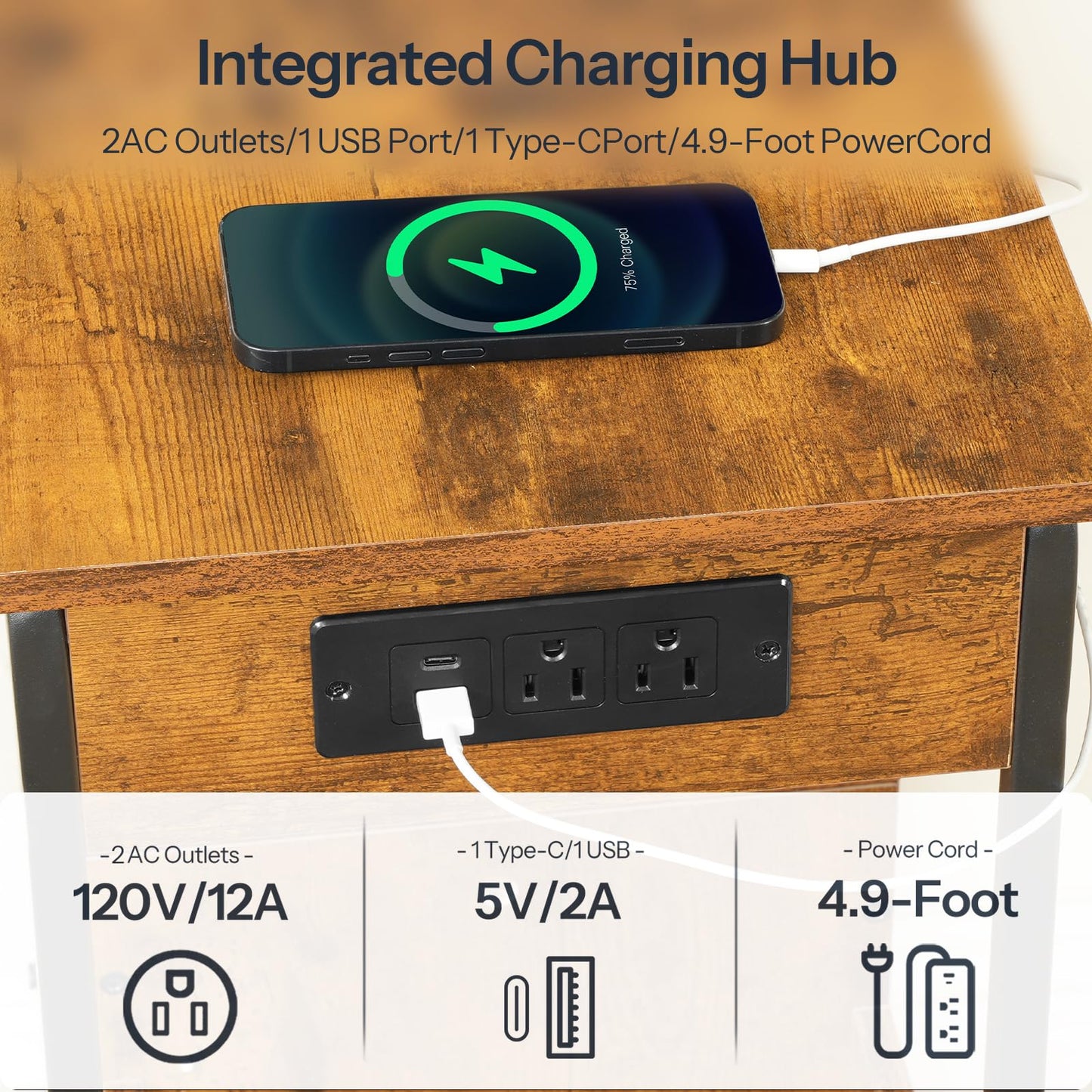 HOOBRO Narrow Nightstand with Charging Station & LED Lights, Narrow Side Table with Fabric Drawer, Open Shelves, Slim End Table for Living Room, Bedroom, Rustic Brown and Black BF430UDBZ01